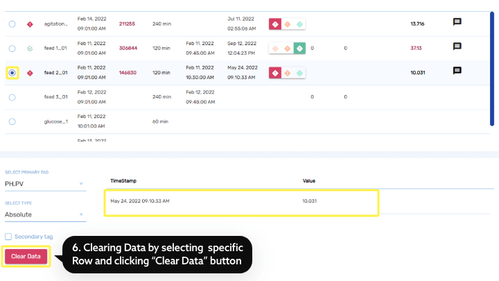 Clearing data by selecting specific row and clicking 'Clear Data' button